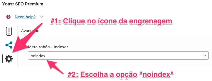 Na edição de sua Thank You Page no WordPress, selecione a opção noindex nas configurações do plugin Yoast