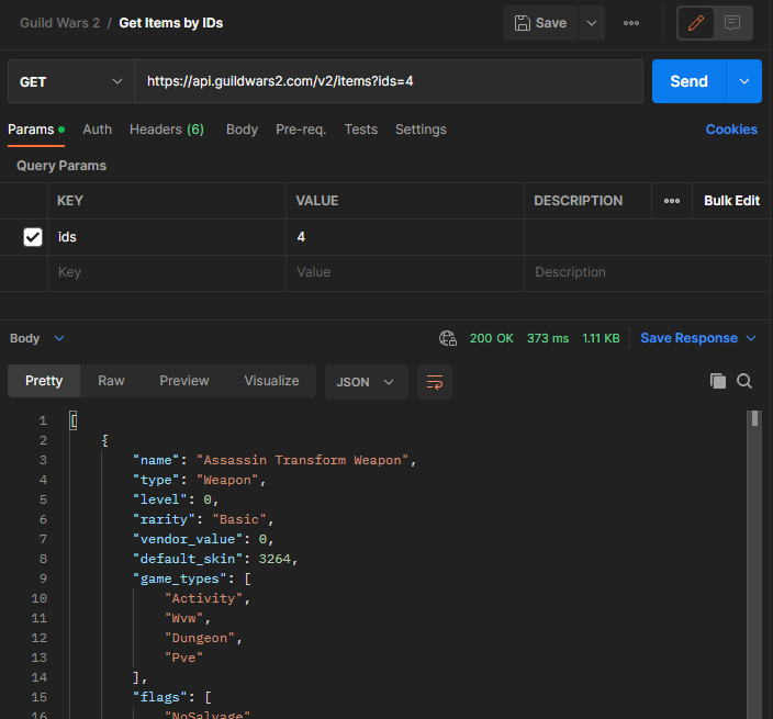 Screenshot of requesting item info from Guild Wars 2 in Postman.