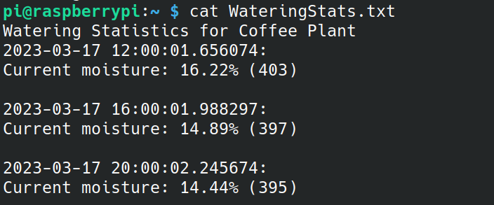 Output of log file in terminal. Shows 3 log entries with timestamp and moisture value in percent and not converted