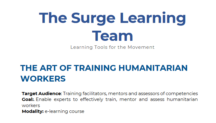 Screenshot of flyer for training course. Title: THE ART OF TRAINING HUMANITARIAN WORKERS. Goal: Enable experts to effectively train, mentor and assess humanitarian workers.