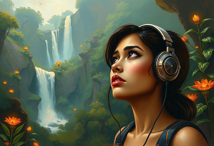 A woman wearing headphones stands in a colourful jungle environment.