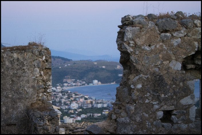 View of the town of Himare, Albania, through the castle ruins