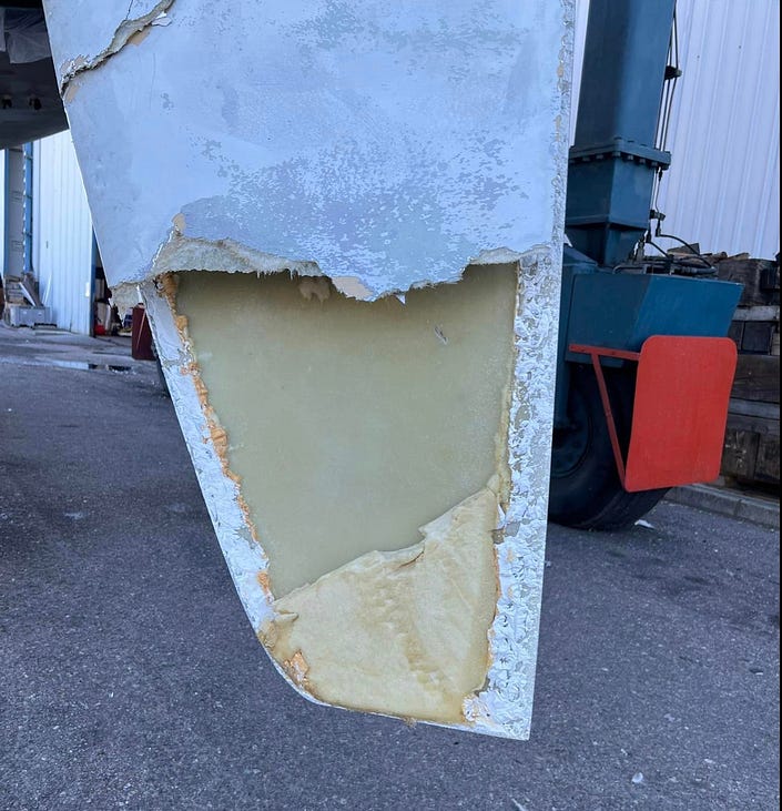 Picture of a rudder destroyed by orcas shared by a sailor on Facebook