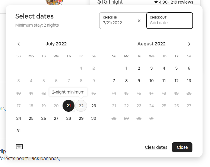 Screenshot of Airbnb’s reservation calendar and how it reminds you of the minimum number of nights required to reserve