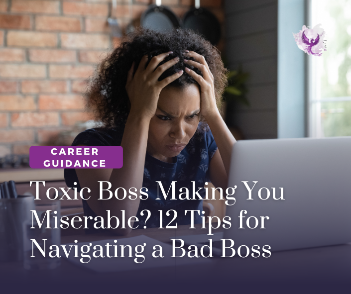 Confused Black woman looking at computer screen; coaching for handling a toxic boss; toxic boss; sabotaging boss