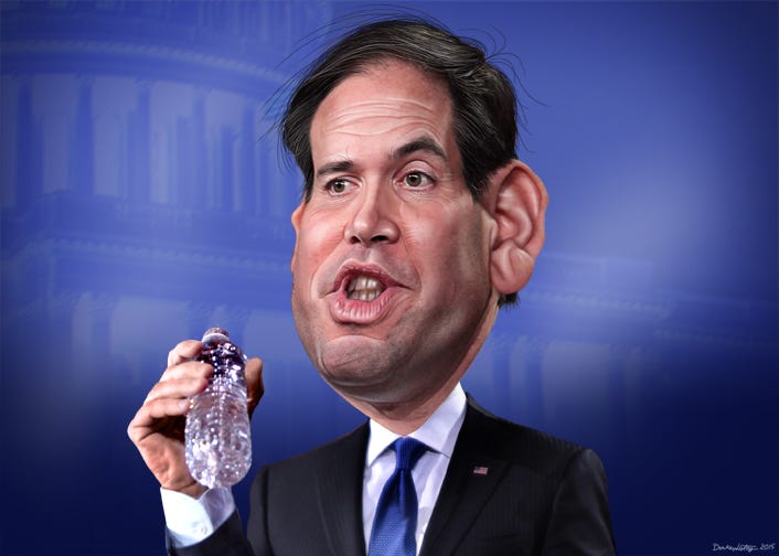 Caricature of Senator Marco “It’s hard to hold your honker with tiny hands” Rubio.