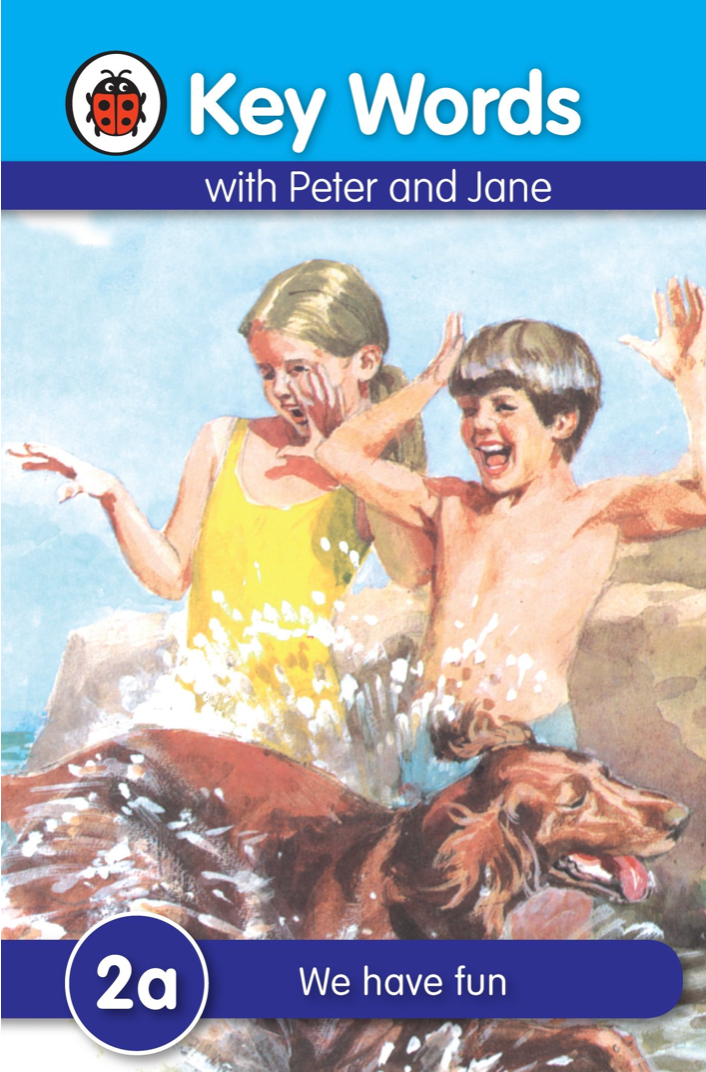 Two Caucasian Children, a boy and girl in bathing suits splashing through the beach with a brown dog