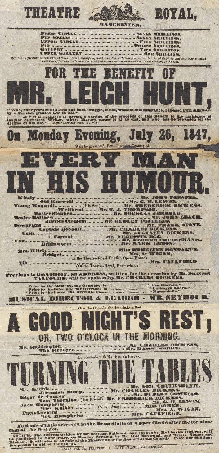 1847 Manchester Theatre Royal playbill for ‘Every Man in his Humour’ starring Charles Dickens as Bobadil.