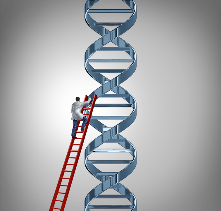 A man in a lab coat climbs up a silver DNA helix, using a red ladder.