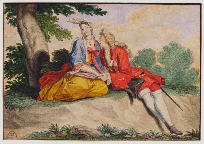 A 16th Century painting depicting two young lovers relaxing under the shade of a tree.