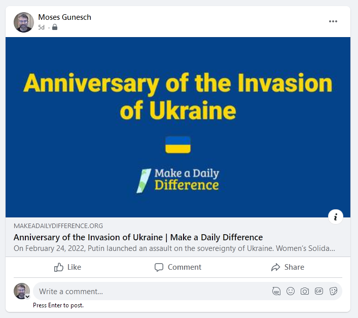 Screen capture of a Facebook share that reads anniversary of the invasion of ukraine