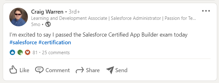 Screenshot of Craig’s LinkedIn post celebrating his Salesforce App Builder certification.
