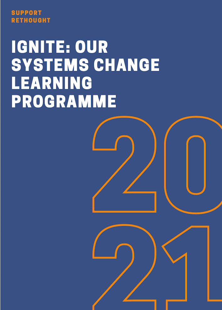 Image of the front page of our Ignite learning programme guide — dark blue background with white writing that says ‘Ignite: Our Systems Change Learning Programme’ with ‘2021' below in large orange letters