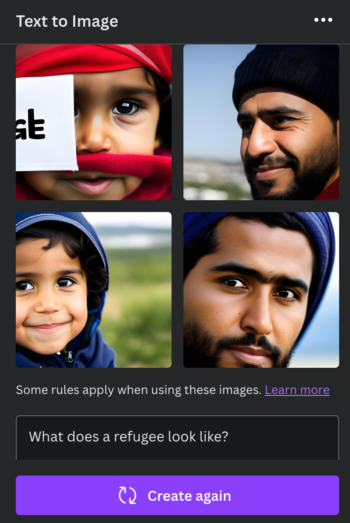Grid of Canva-generated images of “refugees,” dominated by vaguely Middle Eastern people smiling in expectation of being rescued.