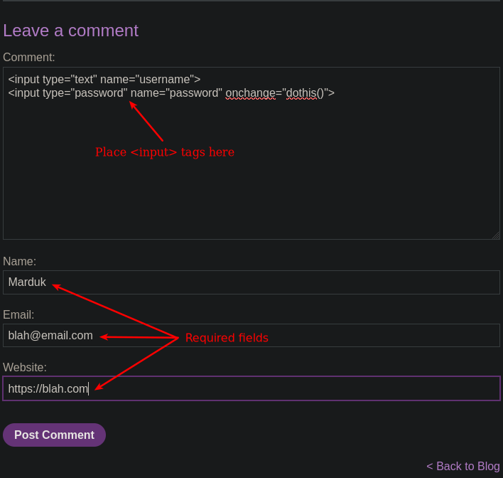 Comment form showing required fields: name, email, and website. Also showing <input type=”text” name=”username”> <input type=”password” name=”password” onchange=”dothis()”> in the comment box.