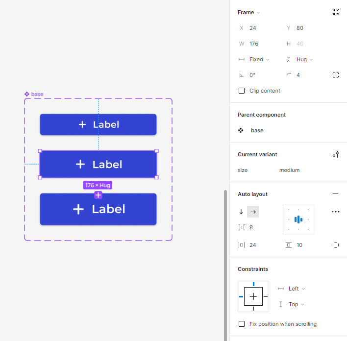 This image shows the first step of the component creation. Here is displayed the Figma sidebar menu with details about pixel size and auto-layout settings. Detailed information can be found on the box below.