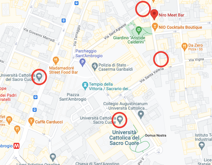 On the top right, you can see Niro Meet Bar. The other red circles are buildings of the Cattolica University.