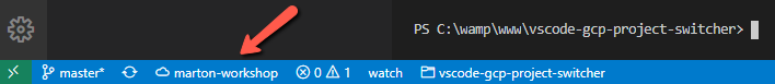 VSCode status bar with GCP Project Switcher Extension installed.