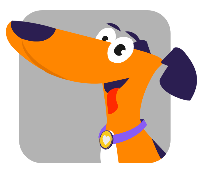 A cartoon picture of a dog who is also a mascot for Vmaker as a virtual assistant for scheduling screen recording sessions.