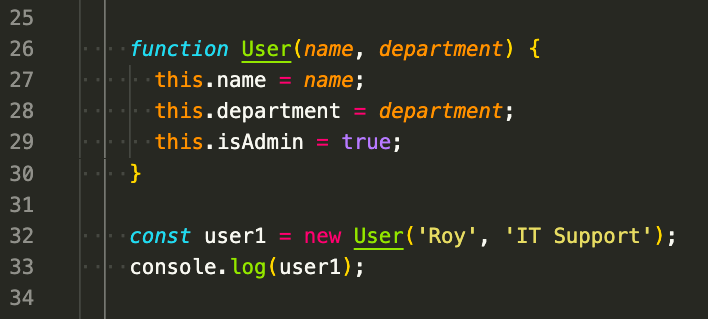 A JavaScript code snippet showing the use of the new keyword calling a constructor function.