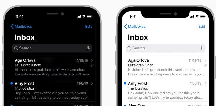 Screenshot of Apple Mail’s light and dark modes.