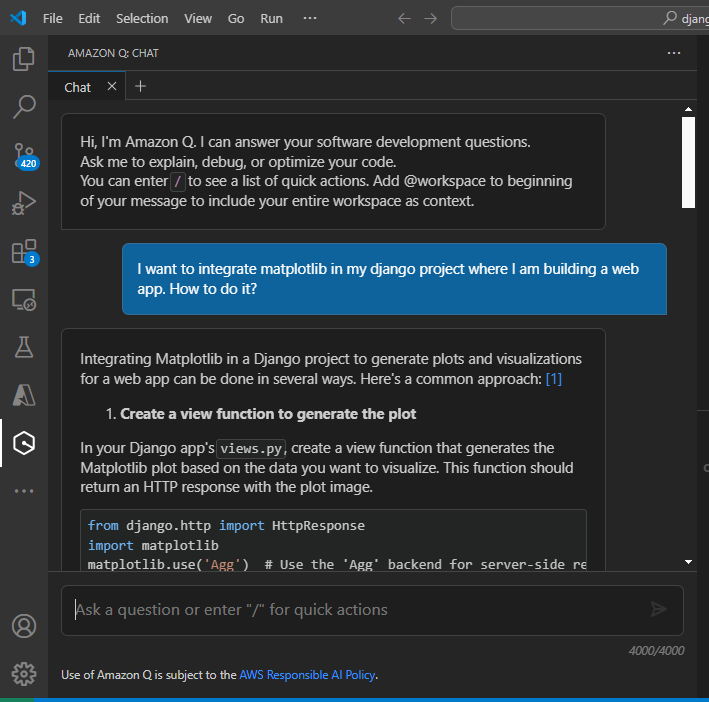 Amazon Q telling how to integrate matplotlib in django project
