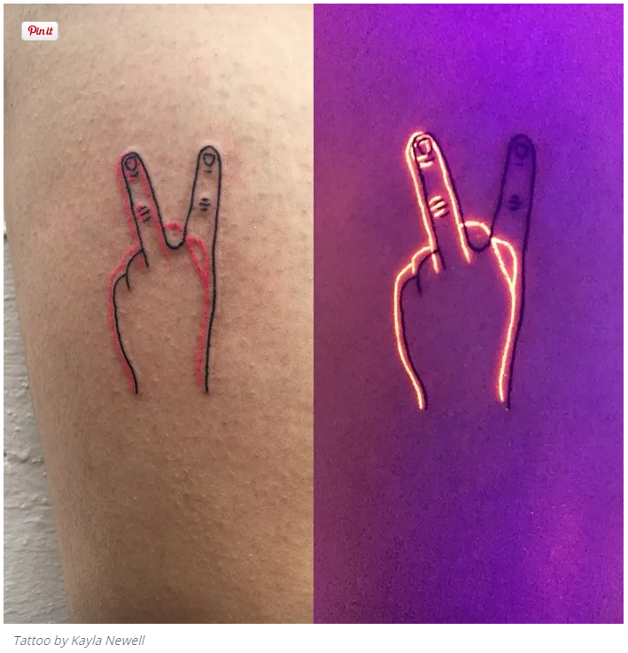 Ultraviolet Tattoos — left image without glow of black light, right image with black light glow.