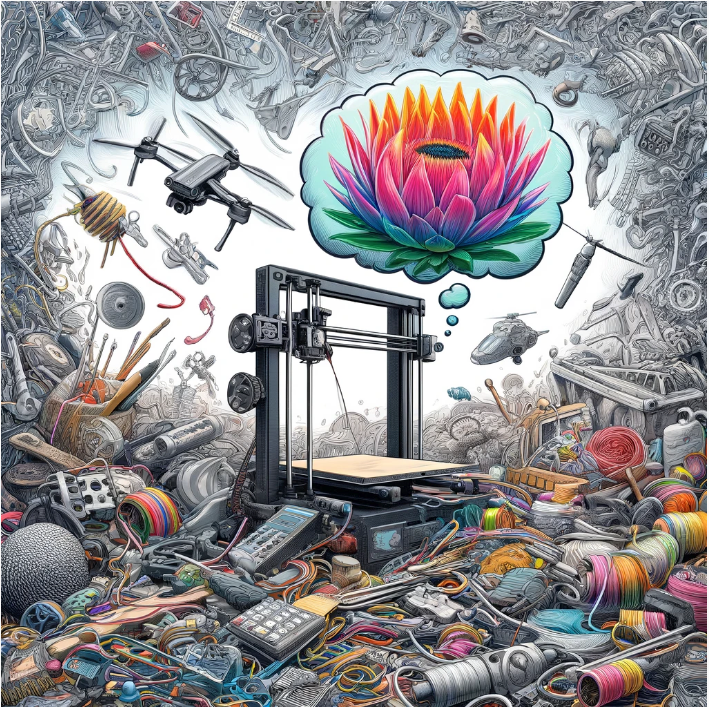 A misaligned 3D printer, tangled filament, scattered tools, and symbols of alternative hobbies, along with a thought bubble showing a multi-colored protea flower symbolizing bravery and transformation.