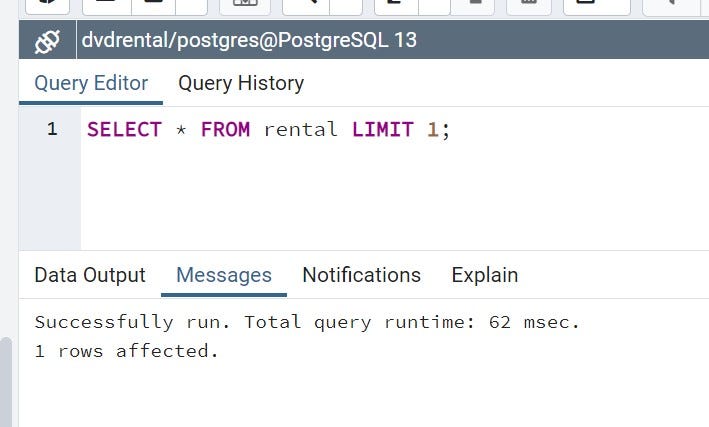 pgAdmin tells us that this query took 62 milliseconds to execute