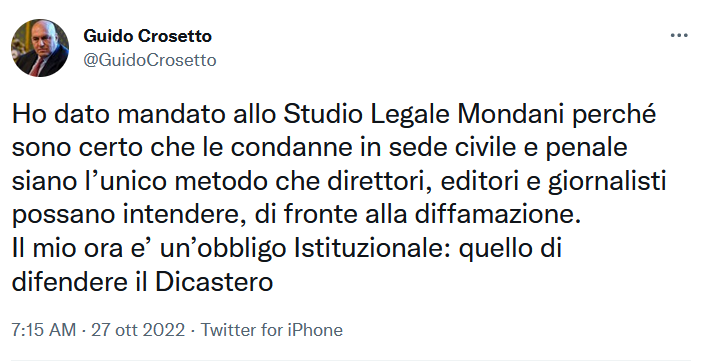 Guido Crosetto’s tweet (screenshot)
