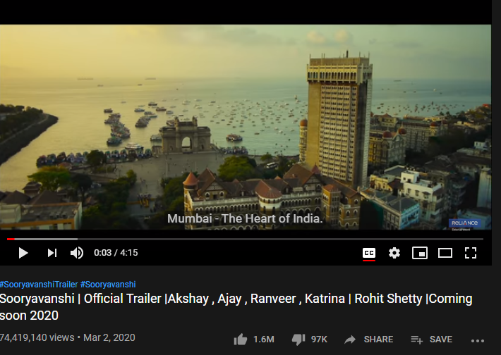 7th Most-liked YouTube video of March 2020: Sooryavanshi Official Trailer