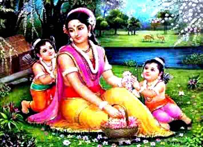 Valmiki Ramayana: SIta with her sons(Luv-Kush) at Valmiki’s Ashram