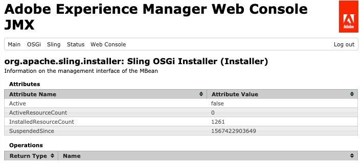 Screenshot of the Sling OSGi Installer JMX bean as seen in the AEM System Console.