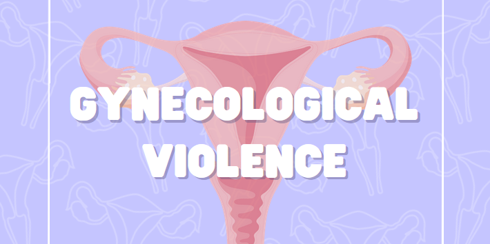 A purple background with outlines of uteruses, a pink uterus sketch in the center with the words gynecological violence over the pink uterus