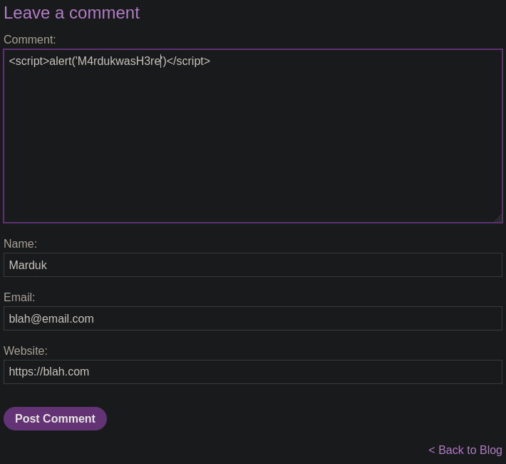 Comment form with a XSS POC payload in the comment box