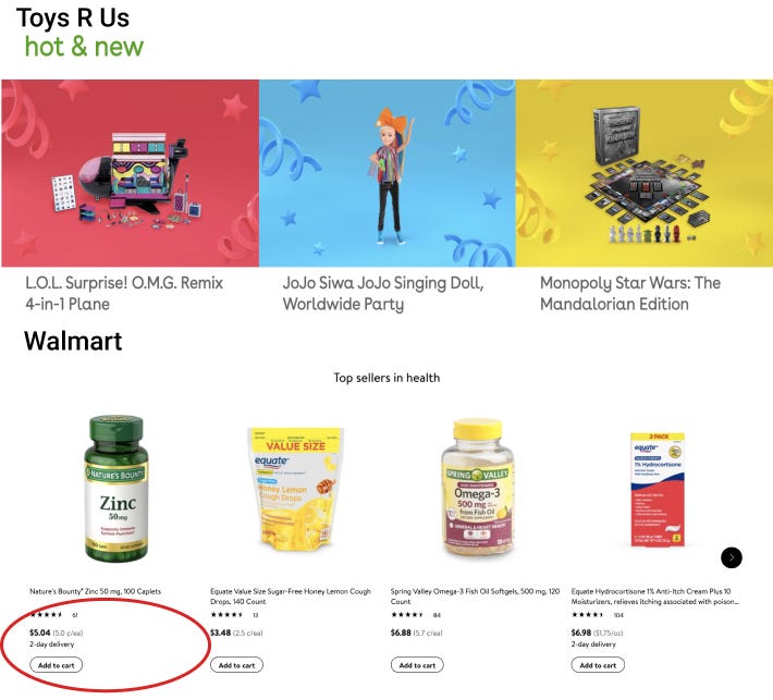 Screenshot on Walmart’s and ToysRUs’s website