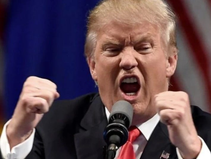 Trump, fists clenched, mouth in his usual oval, screaming