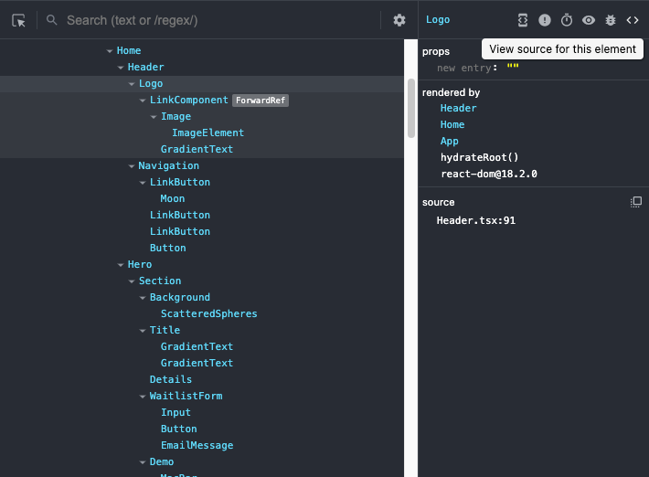 A screenshot of React DevTools showing the component tree and an “Open in Code Editor” button.