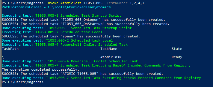Screenshot of a powershell window showing results of running Atomic Red Team scheduled task tests.