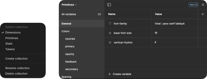 Shows a possible figma structure for goruping all the Dimensions together