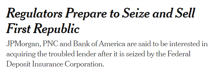 Regulators Prepare to Seize and Sell First Republic
 JPMorgan, PNC and Bank of America are said to be interested in acquiring the troubled lender after it is seized by the Federal Deposit Insurance Corporation.