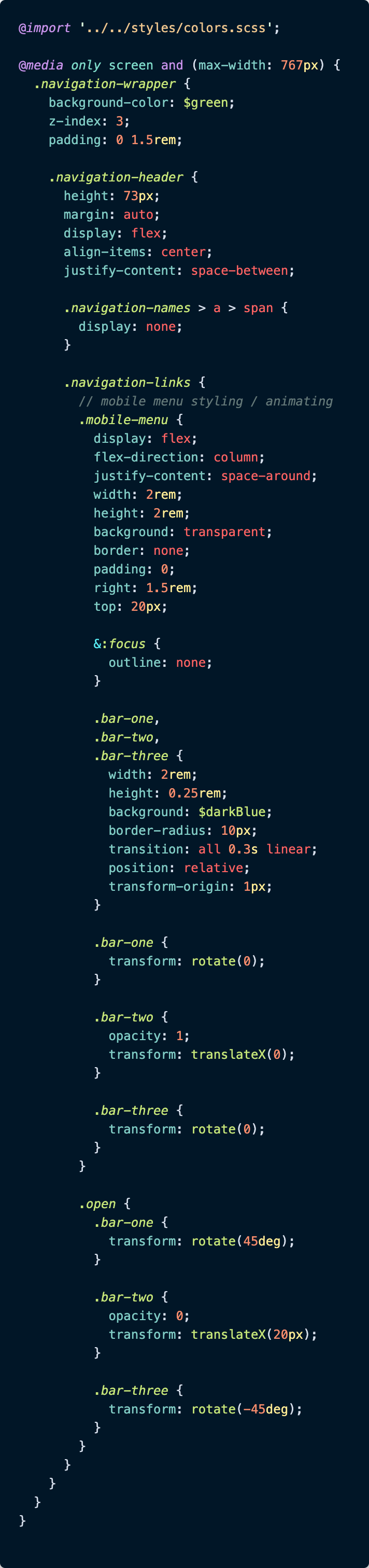 Here is the SCSS that goes with the Navigation.js component. The classes .bar-one, .bar-two and .bar-three are the CSS classes to focus on.