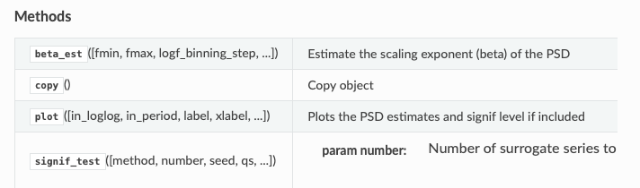 Table listing available methods for the PSD object in Pyleoclim