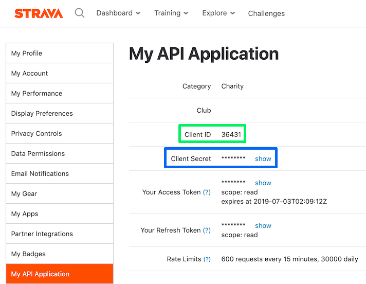 Painel do Strava API com destaque verde no campo de client id e azul no campo de client secret.