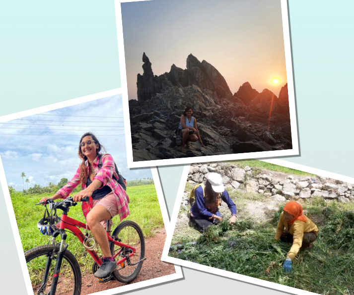 A collage of 3 images, the one on the left of a girl in a pink shirt and shorts on a red cycle, behind her a green field and cloudy blue sky. The top image has a sunset over pointed rock formations and a girl sits in the foreground, balanced on the rocks. The right image is of two women, one wearing a blue tshirt and white cap, and the other in an orange bandana and yellow tshirt, both tying up long stalks of grass, a stone wall behind them.