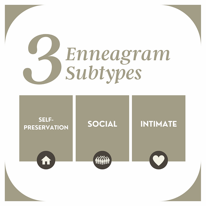 3 Enneagram Subtypes- Self-preservation, social, and intimate.