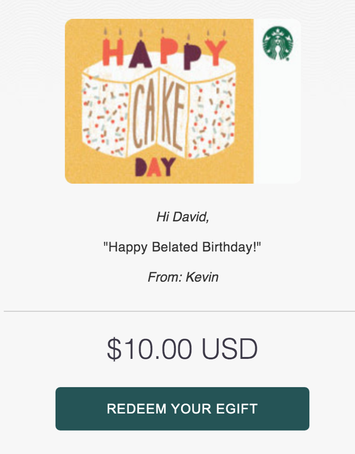 Image of a $10 Starbucks gift card that has a birthday cake on it