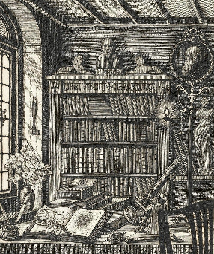 An 1890 etching by Charles Davies Sherborn. Pictures a bookcase with Darwin and Shakespeare.
