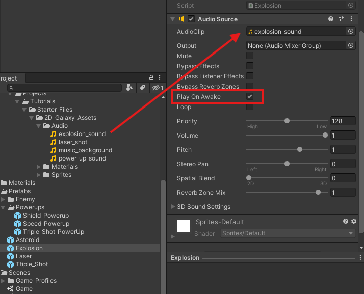 Screenshot of Explosion Prefab Audio Source settings